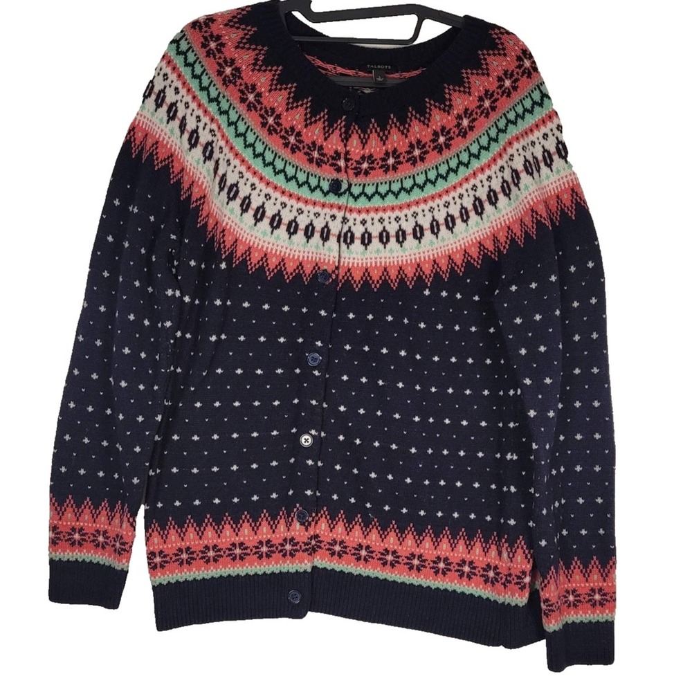 Talbots Sweater Womens Large Navy Fair Isle Cardigan Button Front Crewneck Knit